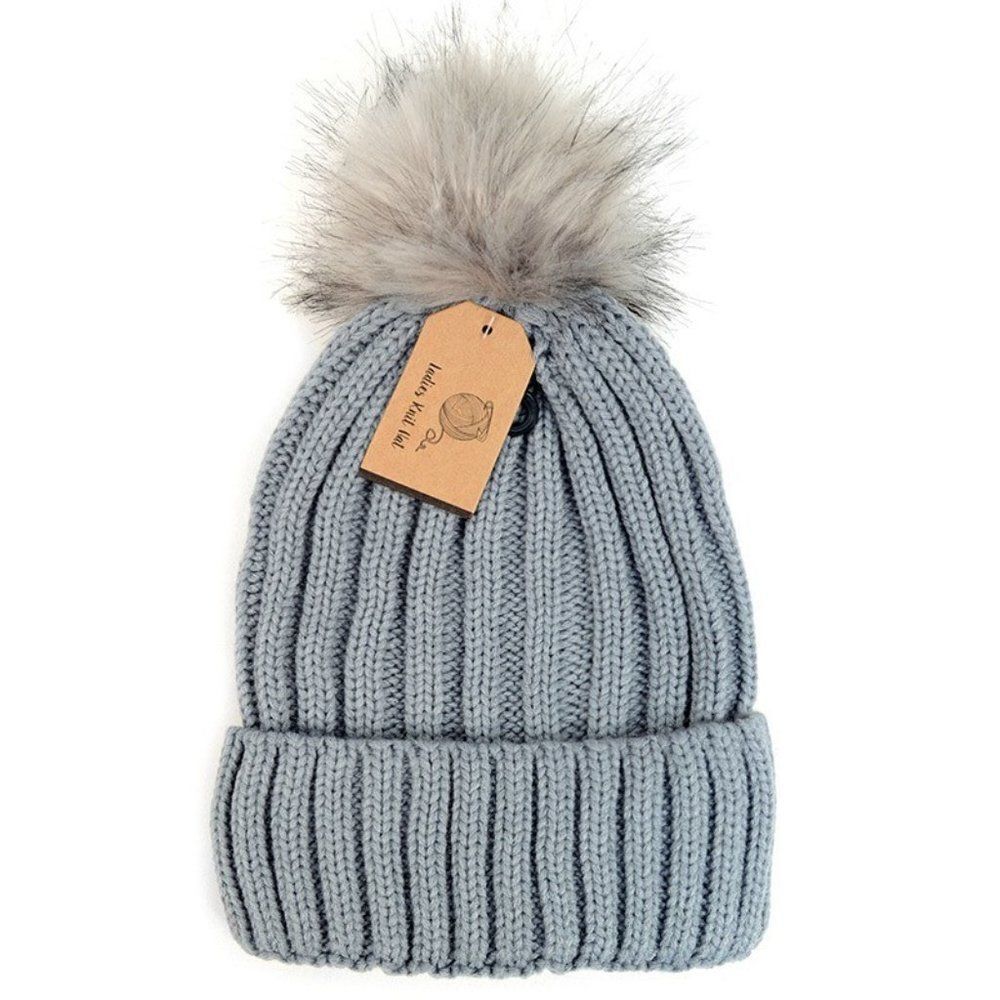 Furry Pom Pom Grey Winter Knit Winter Beanie Hat Faux Fur Snow Cap NEW